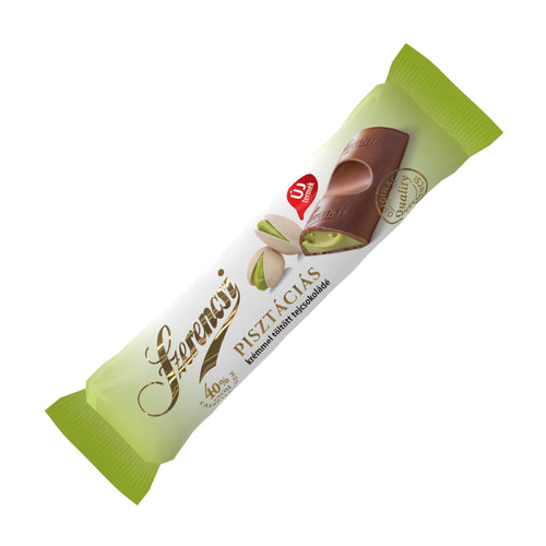 Szerencsi Pistachio Cream milk chocolate bar with green and white packaging on a white background
