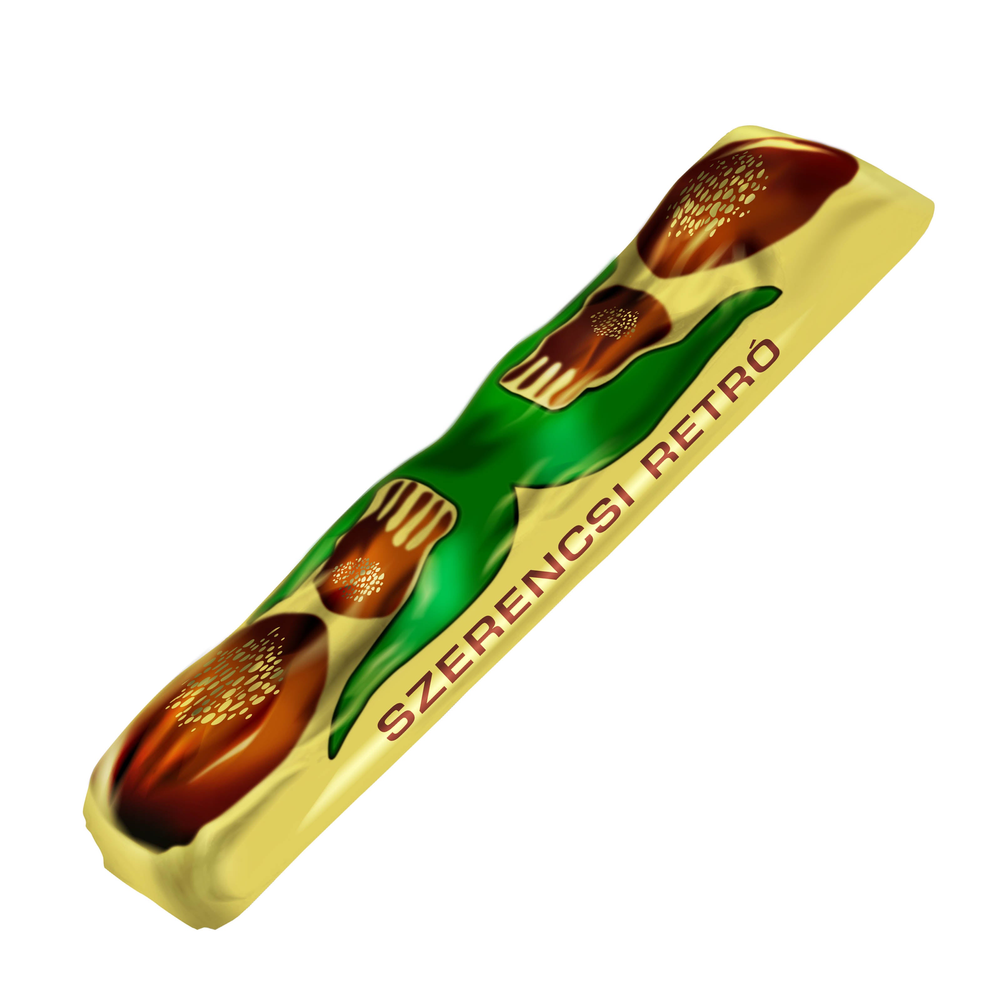 Szerencsi Retro dark chocolate bar with gold and green packaging on a white background
