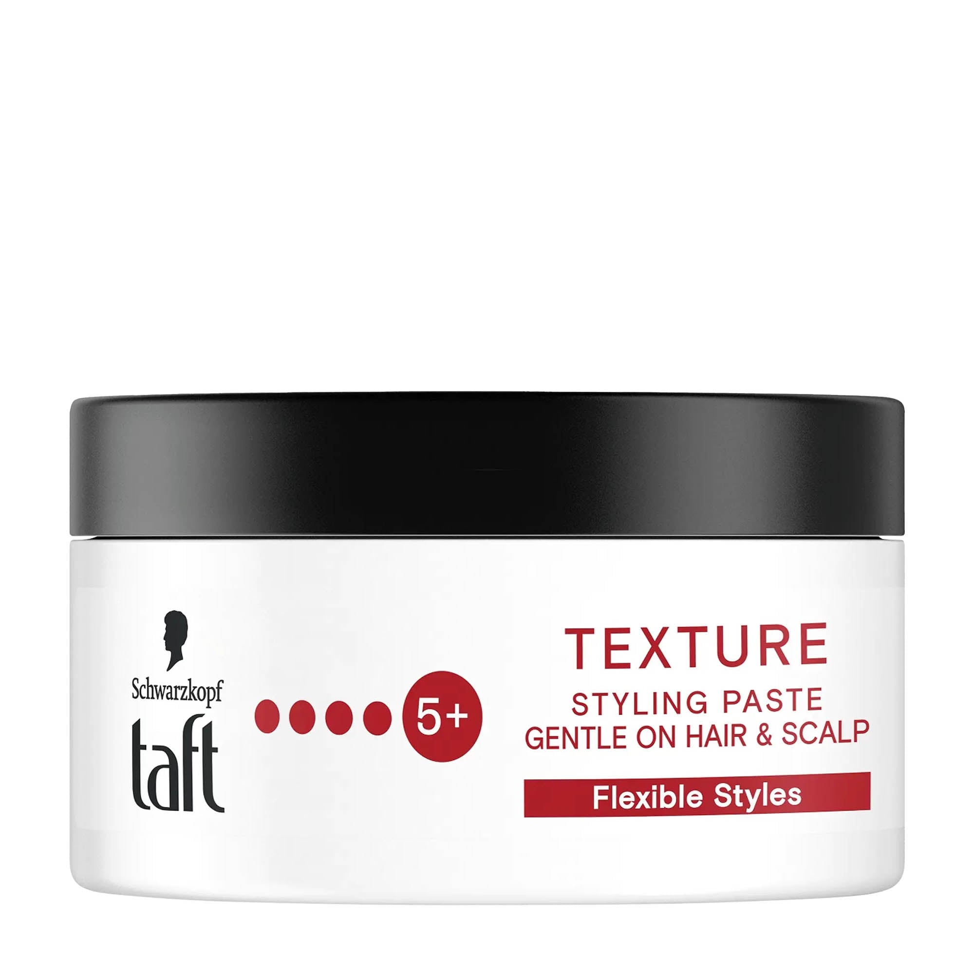 Schwarzkopf Taft Texture styling paste packaging, 100 mL container, with labeling indicating it is gentle on hair and scalp, and has a hold level of 5+.