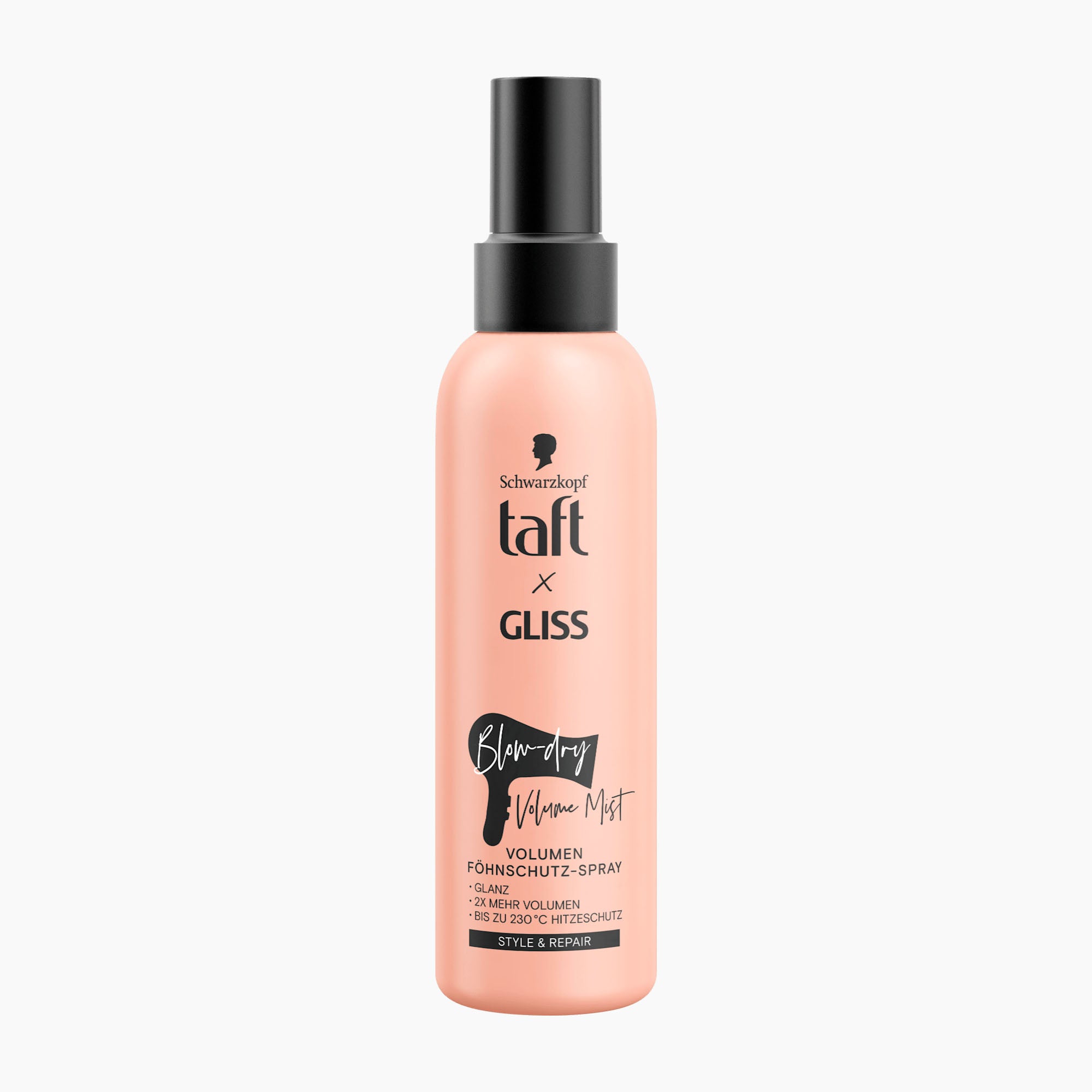 A bottle of Schwarzkopf taft x GLISS Blow-Dry Volume Mist in a peach-colored bottle with a black spray nozzle, centered on a light gray background.