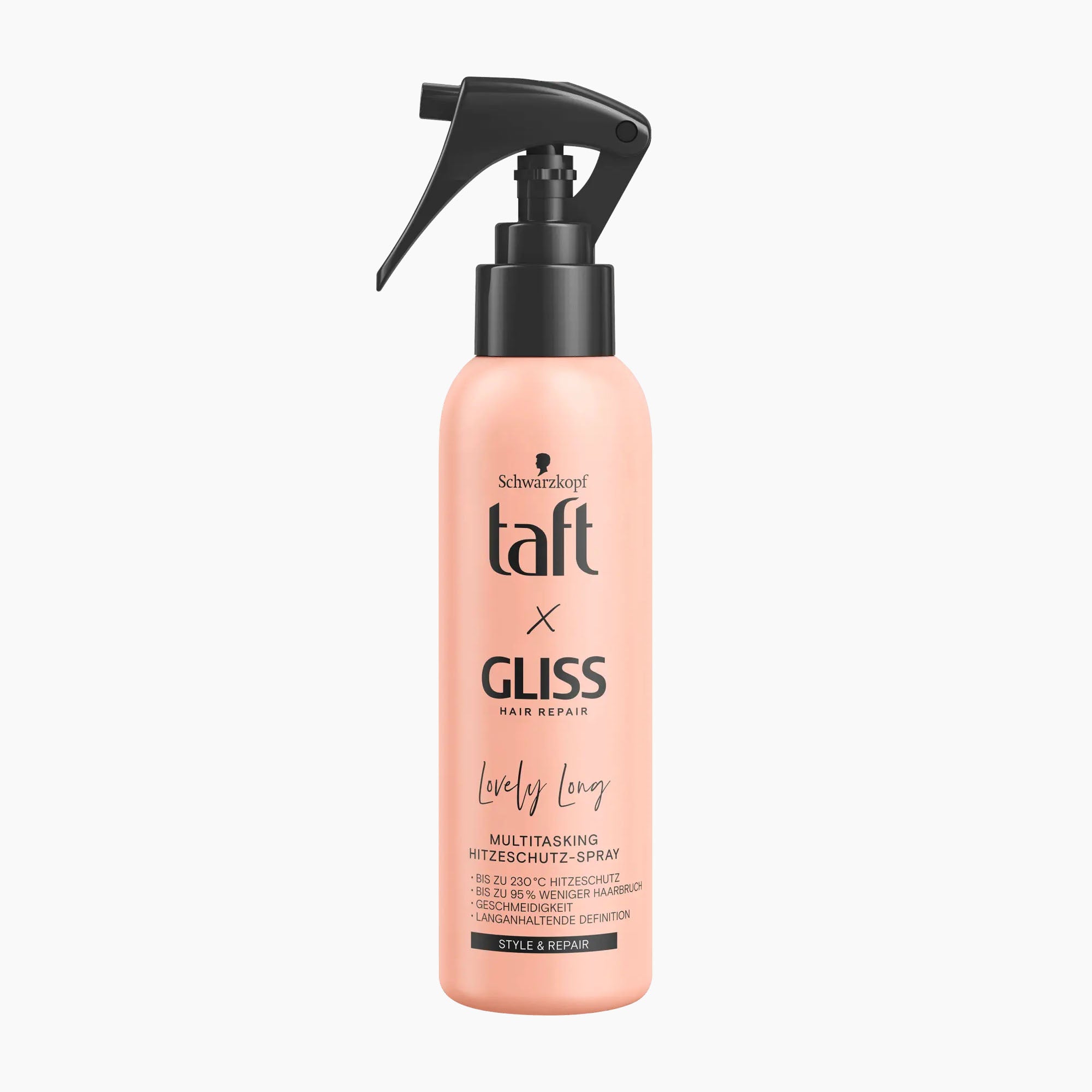 Schwarzkopf taft x GLISS Hair Repair 'Lovely Long' Multitasking Heat Protection Spray bottle in a soft peach-pink color with a black spray nozzle, on a solid white background.