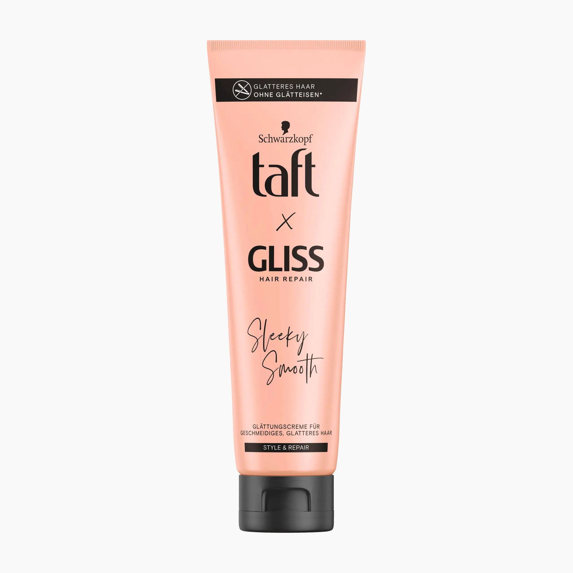A tube of Schwarzkopf taft x GLISS Hair Repair Sleeky Smooth Smoothing Cream in a peach-pink color with a black cap, shown on a light gray background.