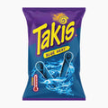 A bag of Takis Blue Heat chips on a plain white background. The packaging is primarily purple and blue with the yellow Takis logo and an illustration of two chips melting in blue liquid.