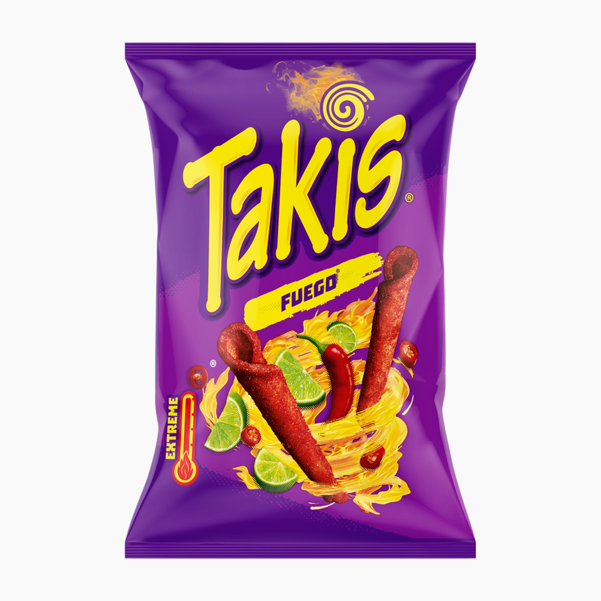 A bag of Takis Fuego rolled chips in vibrant purple packaging with bold yellow branding and illustrations of lime, chili, and cheese.