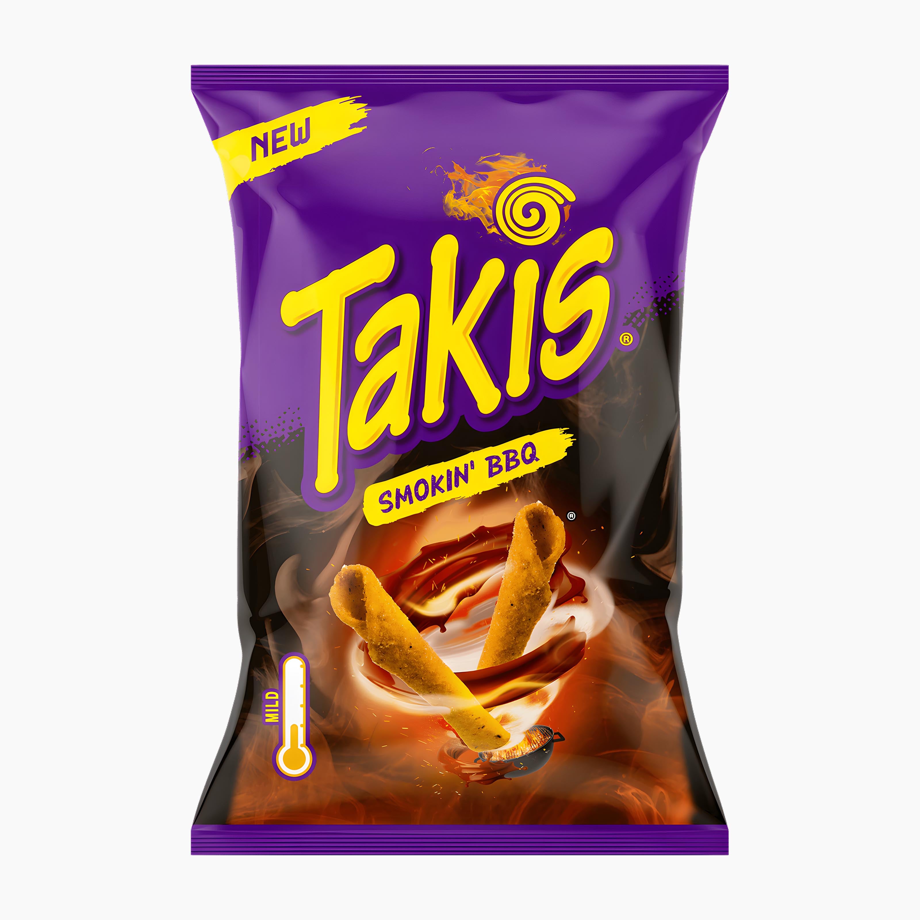 A bag of Takis Smokin' BBQ chips on a plain white background. The packaging is primarily purple with large yellow 'Takis' lettering, a yellow 'NEW' banner, and an appetizing graphic of the chips with sauce and smoke.