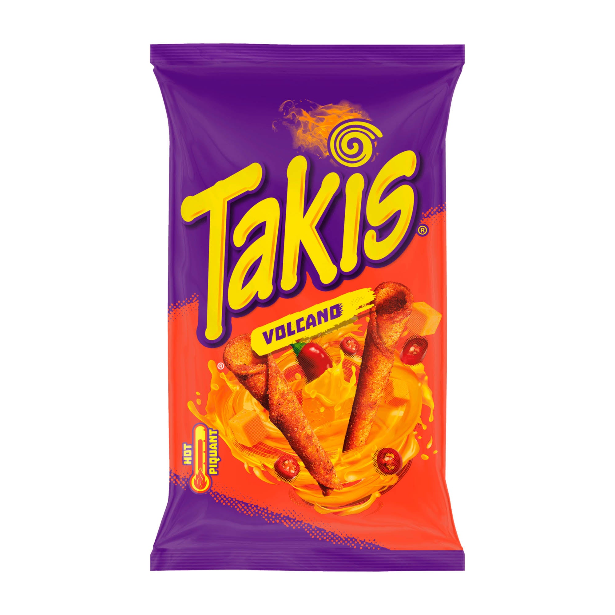 A package of Takis Volcano Hot Piquant Rolled Corn Chips featuring an image of the chips with cheese and chili, indicating the flavor.