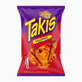A bag of Takis Volcano flavored fried corn snack, featuring a vibrant red and purple packaging design with yellow branding and illustrations of crispy golden-brown chips.