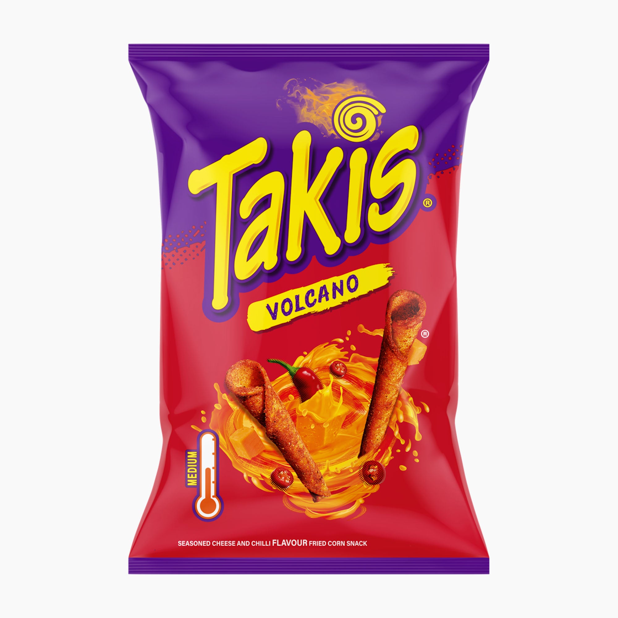 A bag of Takis Volcano flavored fried corn snack, featuring a vibrant red and purple packaging design with yellow branding and illustrations of crispy golden-brown chips.