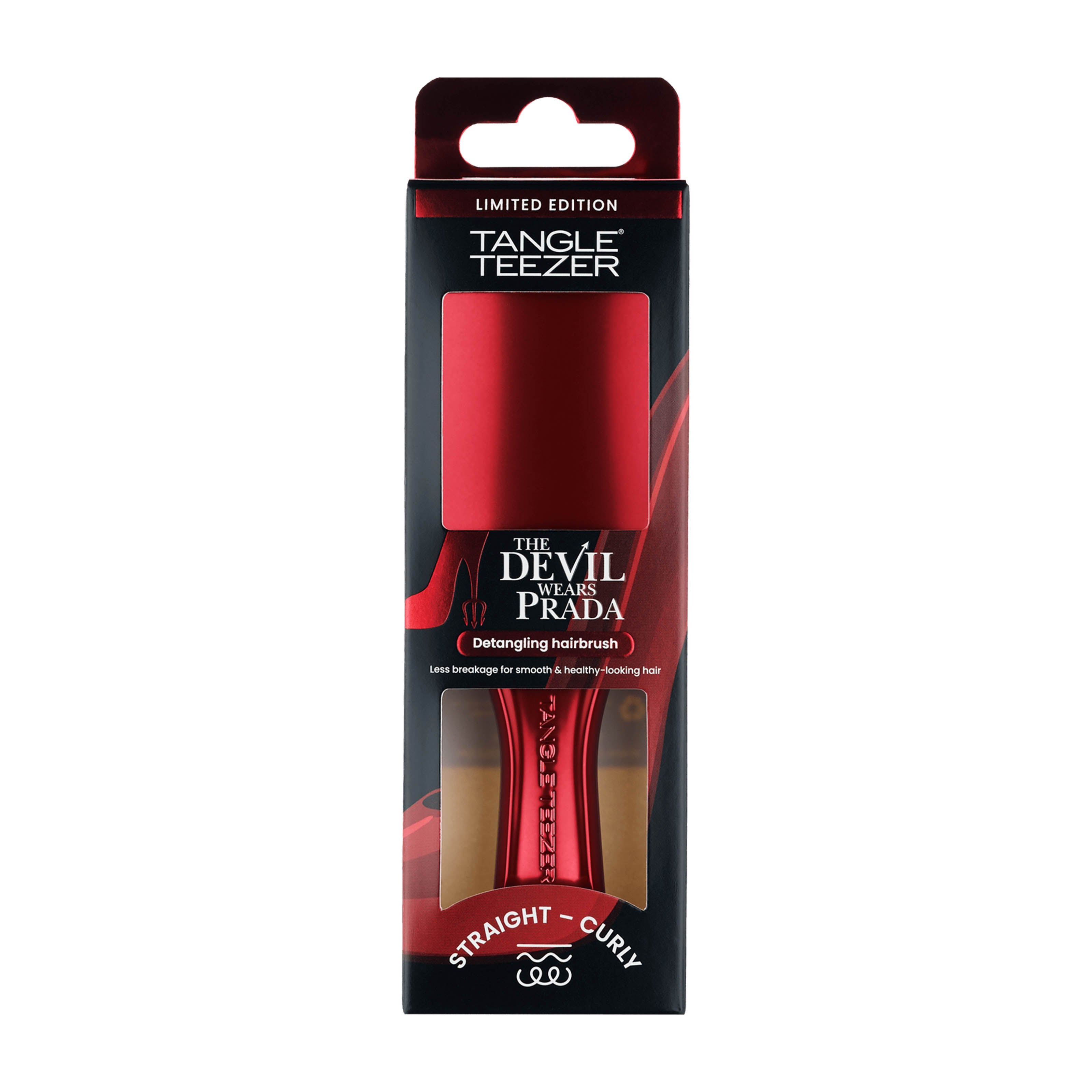 Tangle Teezer The Devil Wears Prada mini red detangling hairbrush packaging on a white background.