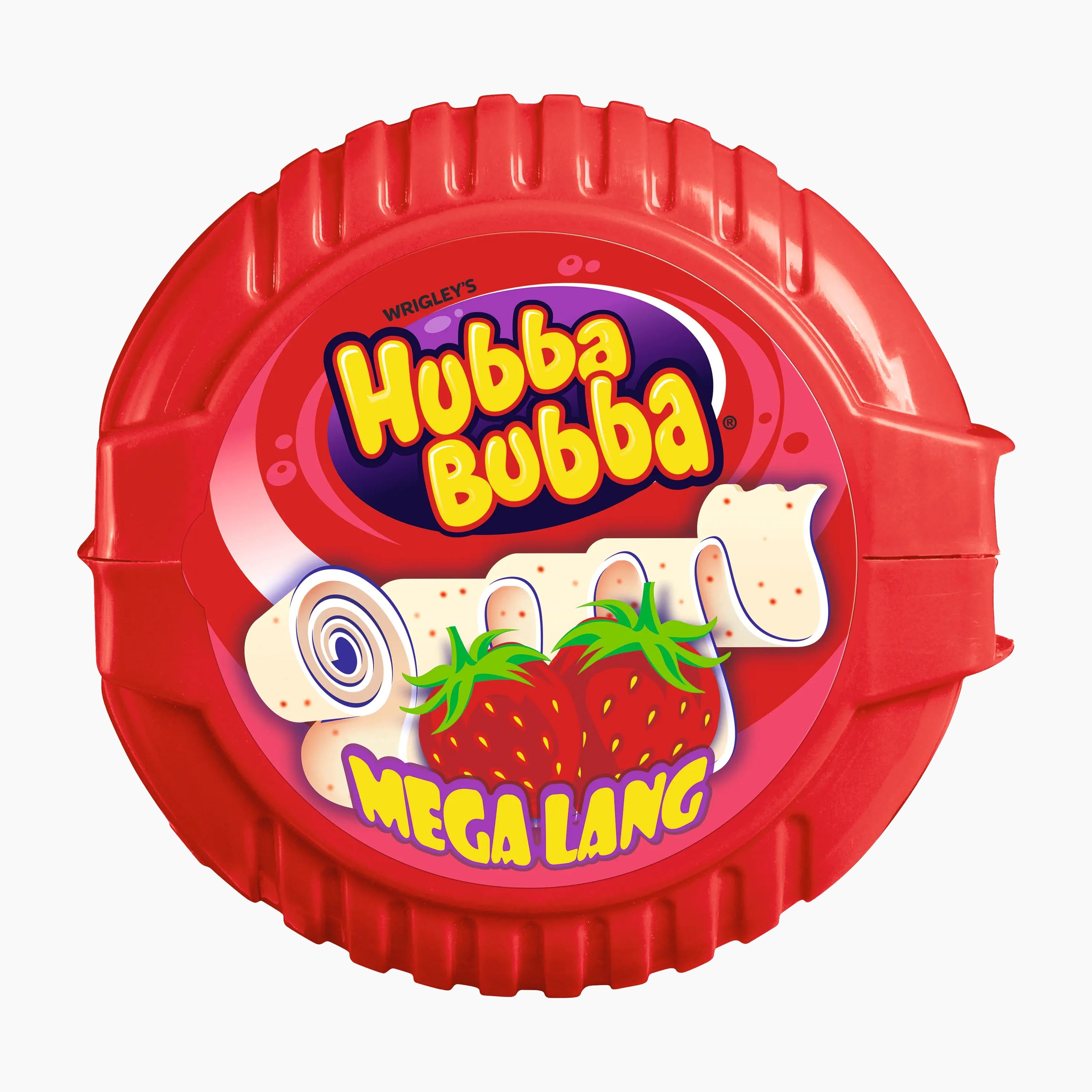 A red circular container of Wringley's Hubba Bubba Mega Long Strawberry chewing gum, featuring the brand logo and illustrations of strawberry-flavored gum pieces on a white background.