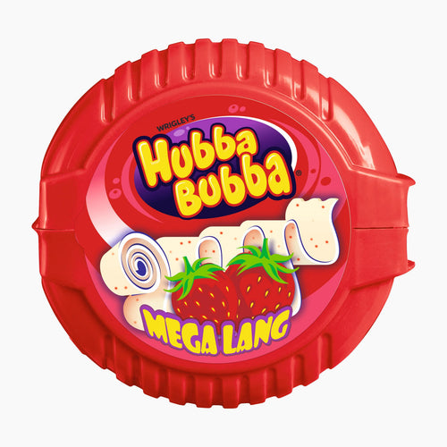 A red circular container of Wringley's Hubba Bubba Mega Long Strawberry chewing gum, featuring the brand logo and illustrations of strawberry-flavored gum pieces on a white background.