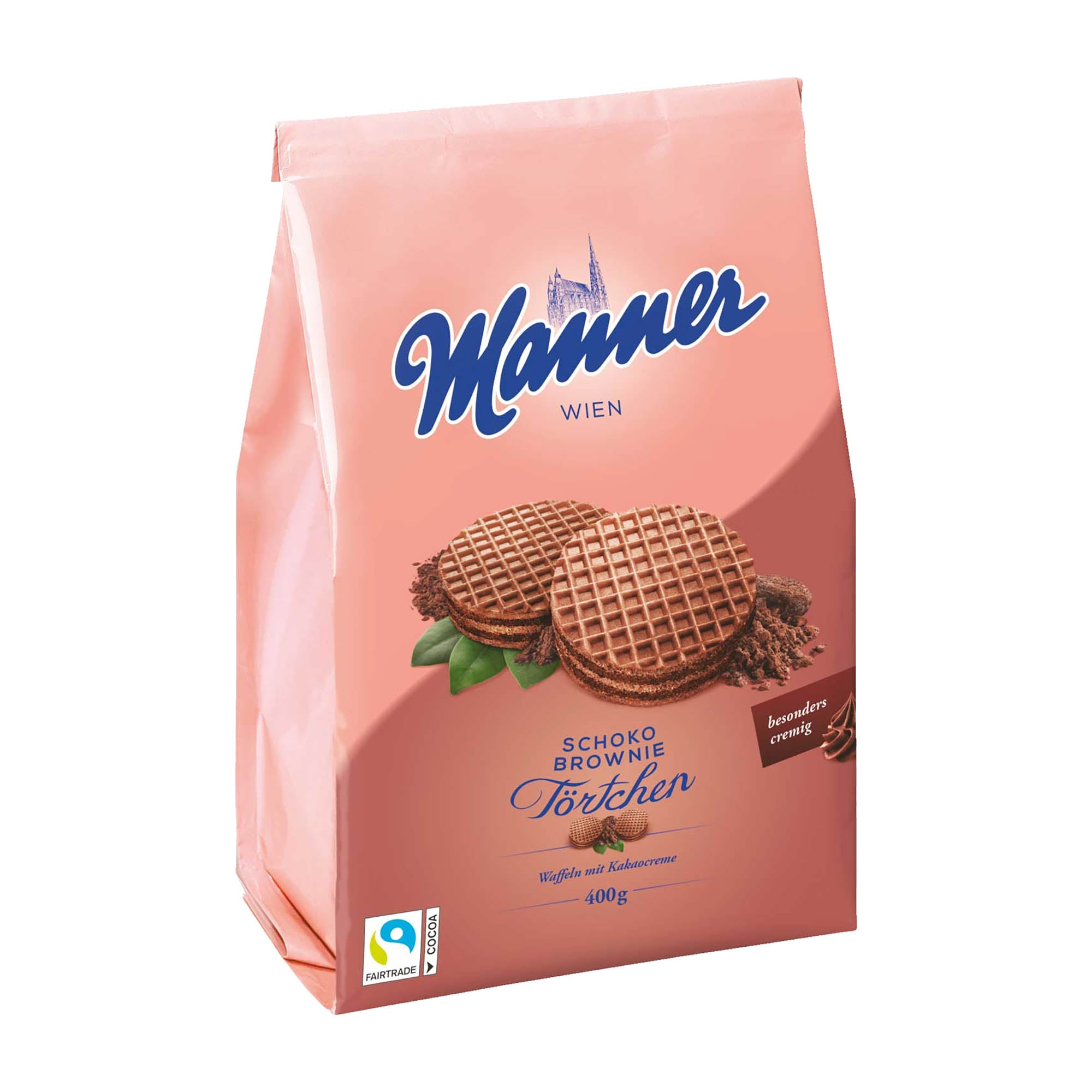 Packaging of Manner Tortchen Choco Brownie Wafer Tartlets showing the product name and images of the chocolate wafer tartlets.