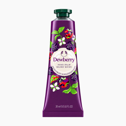 A 30 ml squeeze tube of Dewberry Hand Balm by The Body Shop, featuring a purple body decorated with illustrations of dewberries, blackberries, and white flowers, topped with a dark green cap.