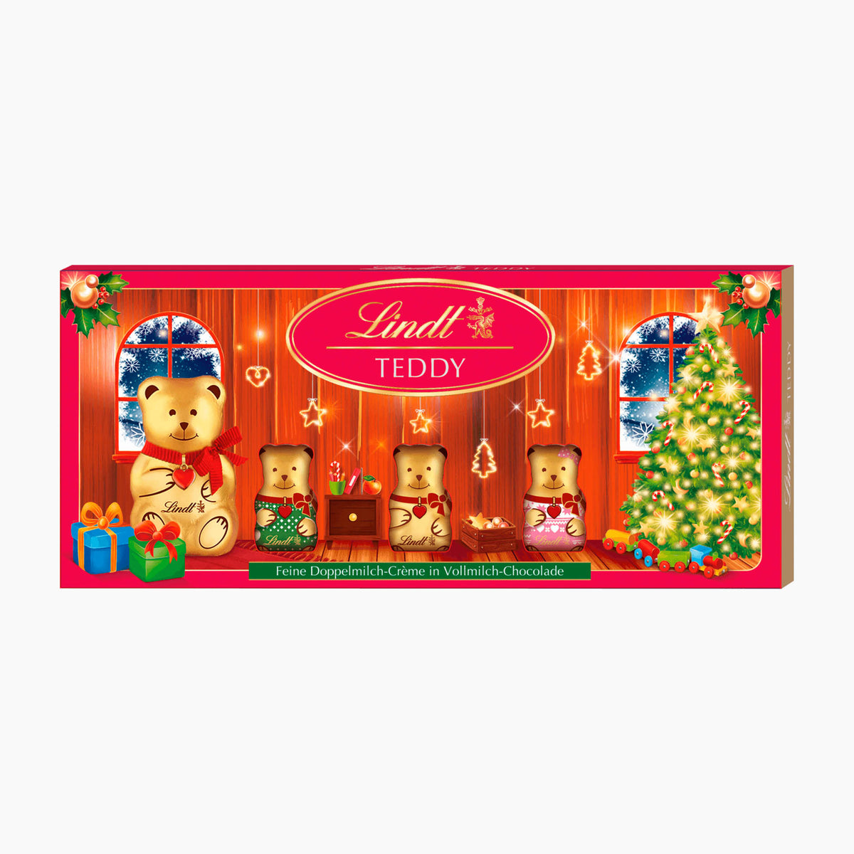 Lindt Teddy Friends chocolate figures packaging on a light gray background.