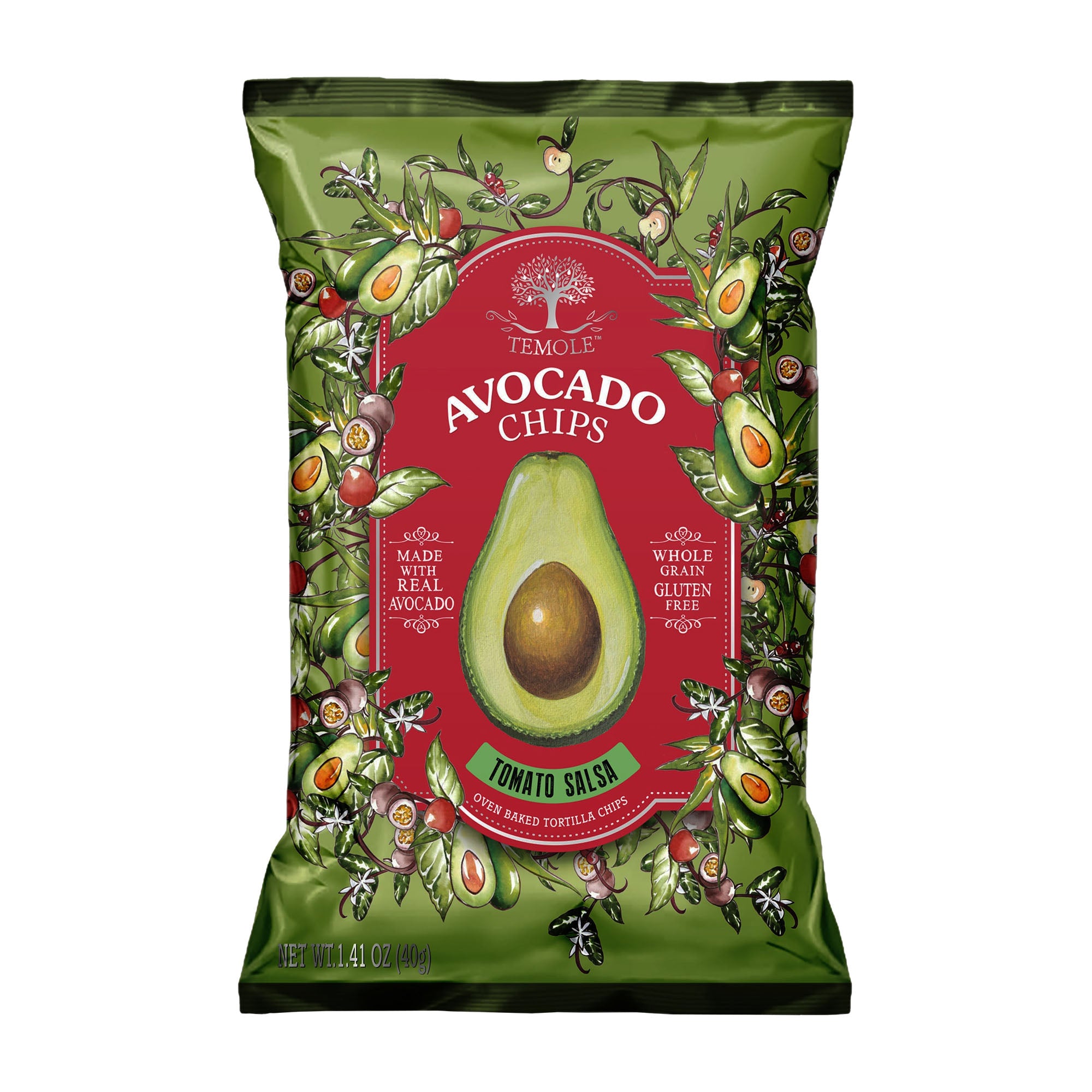 Bag of Temole Tomato Salsa Avocado Chips on a white background