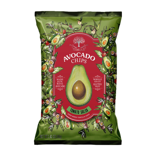 Bag of Temole Tomato Salsa Avocado Chips on a white background