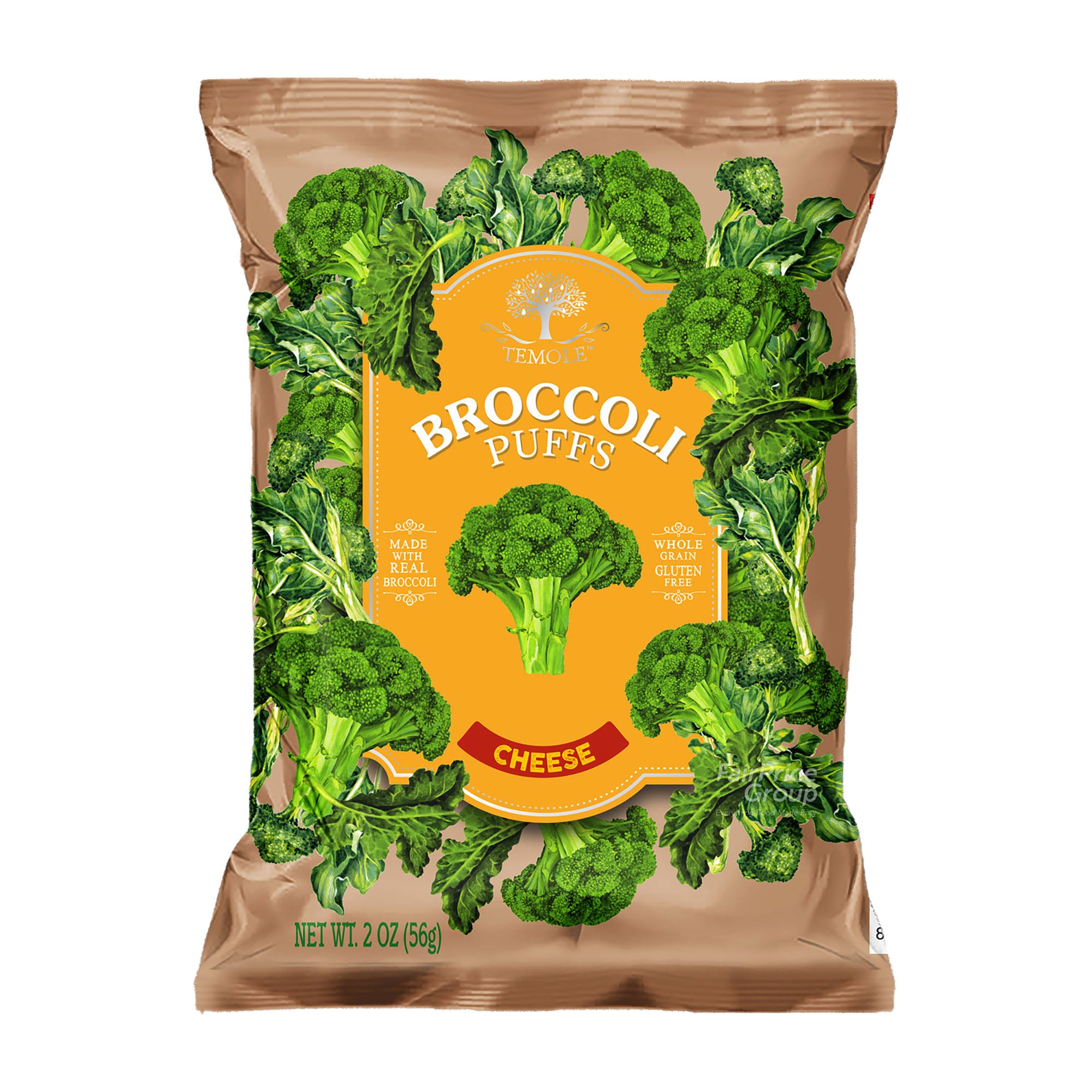 Packaging of Temole broccoli puffs with cheese flavor on a white background