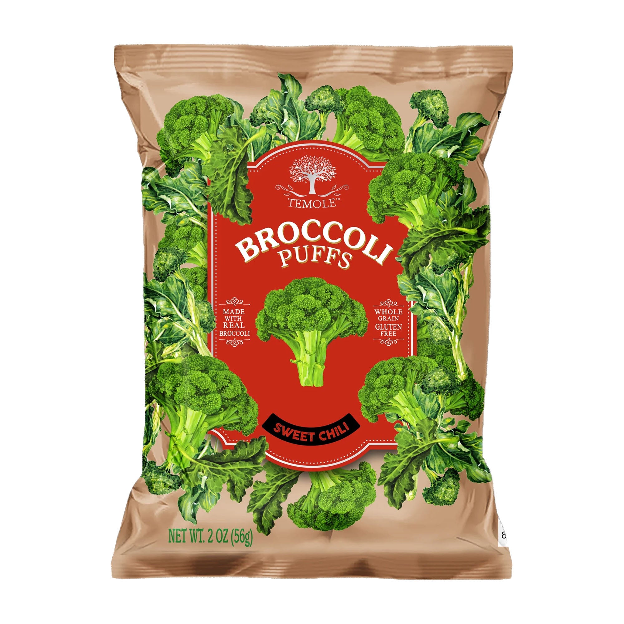 Temole Sweet Chili Broccoli Puffs packaging on a white background.
