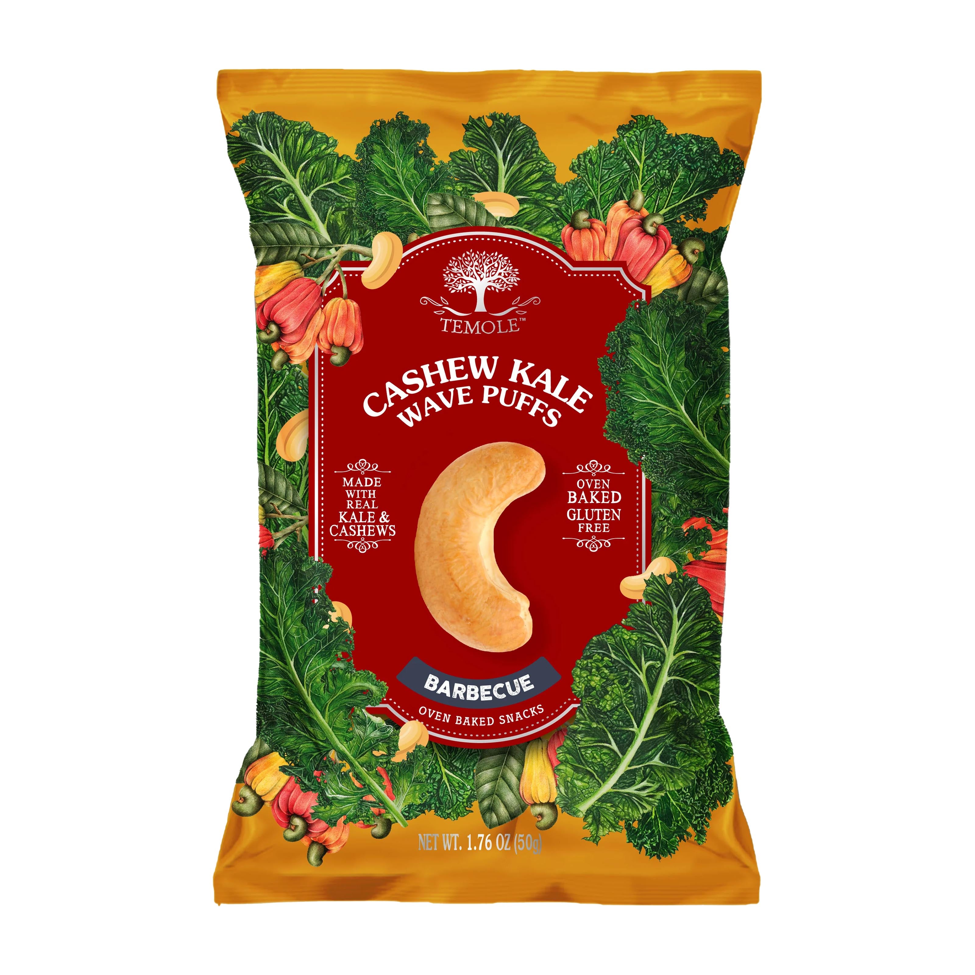 Package of Temole Cashew Kale Wave Puffs with barbecue flavor on a white background