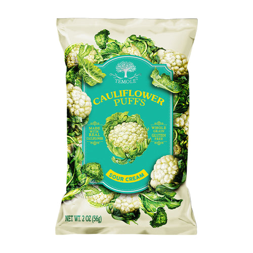 Packaging of Temole Cauliflower Puffs Sour Cream with cauliflower illustrations on a white background