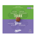 Milka pralines packaging with 'Thank You' message on a green and purple background
