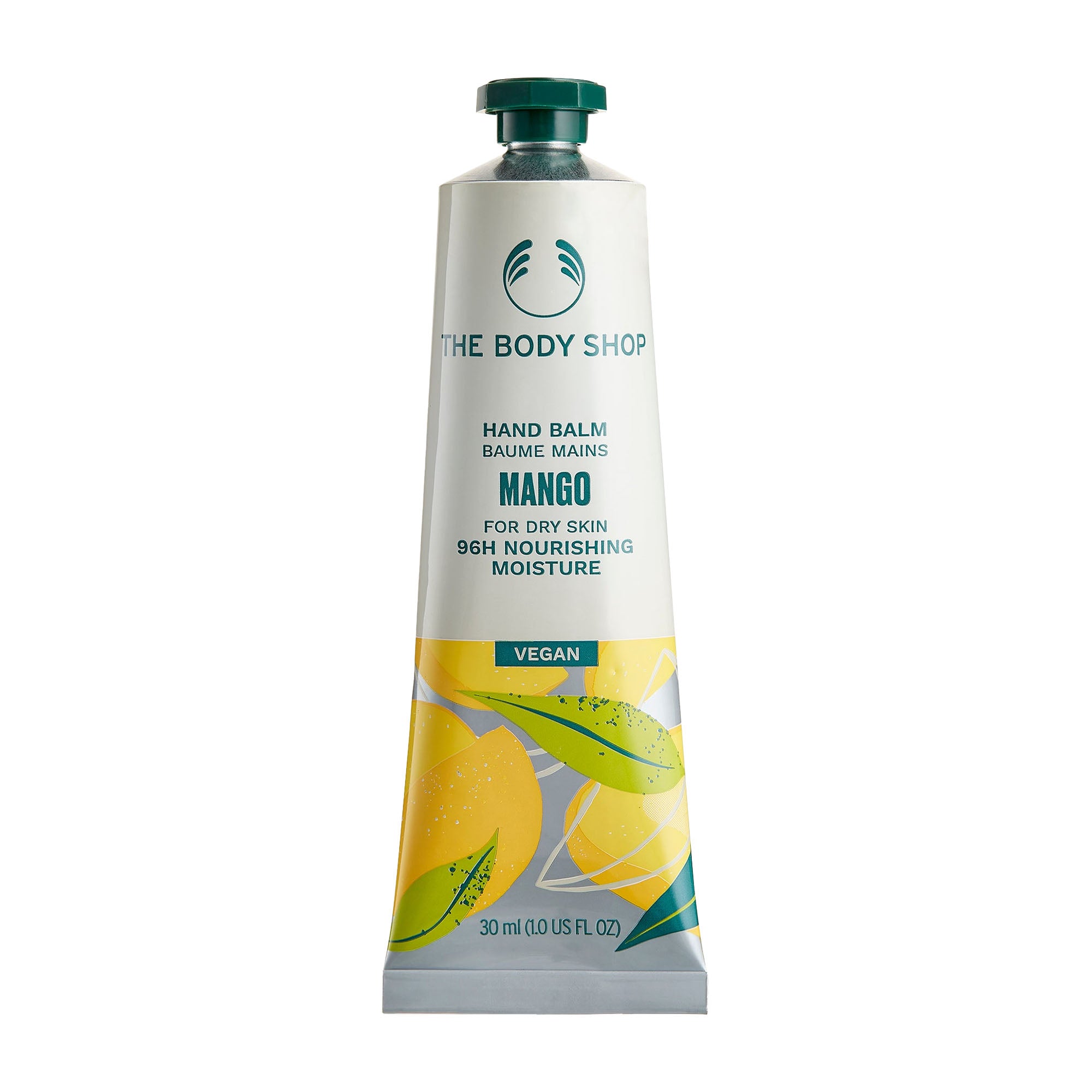 The Body Shop Mango hand balm tube on a white background