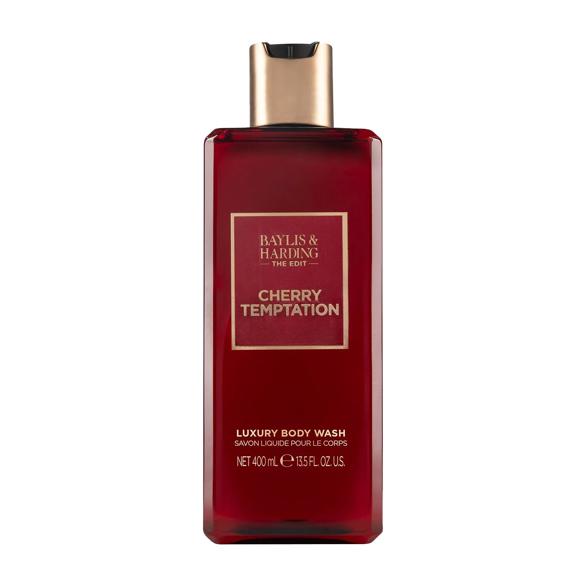 A bottle of Baylis & Harding The Edit cherry temptation luxury body wash with a rich red color and a gold-colored cap.