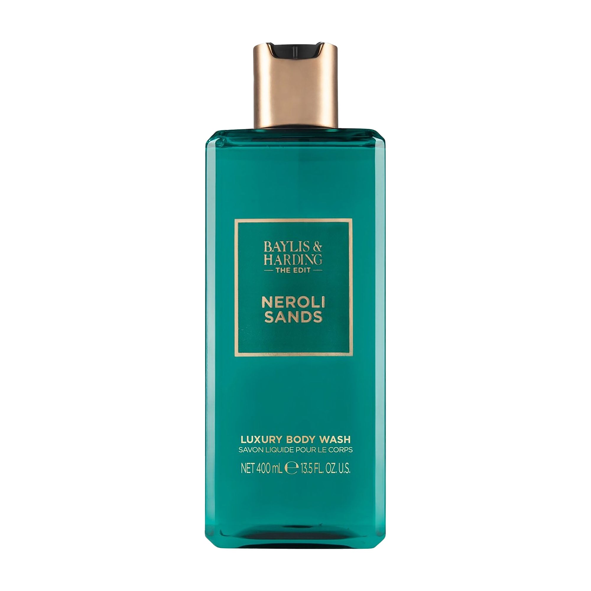 A bottle of Baylis & Harding The Edit neroli sands luxury body wash with a green label and gold accents, 400 mL.