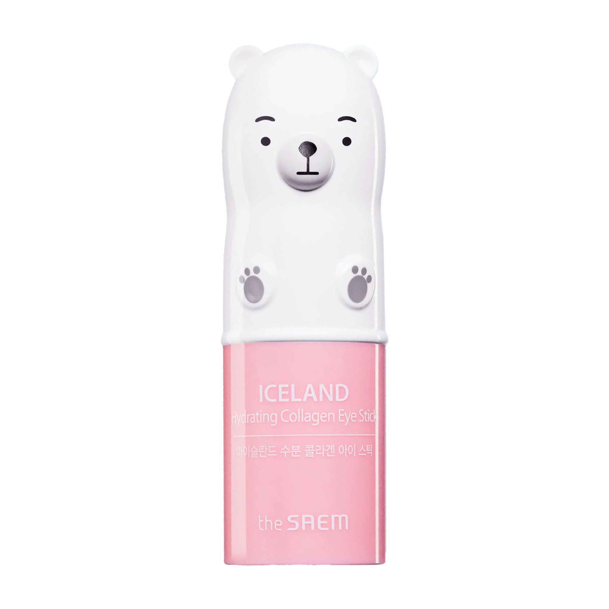 The SAEM Iceland hydrating collagen eye stick with a cartoon bear design on the packaging.