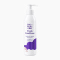 A white pump bottle of 'The Silky Way' Purple Conditioner with purple text and a purple hair graphic on a light gray background.