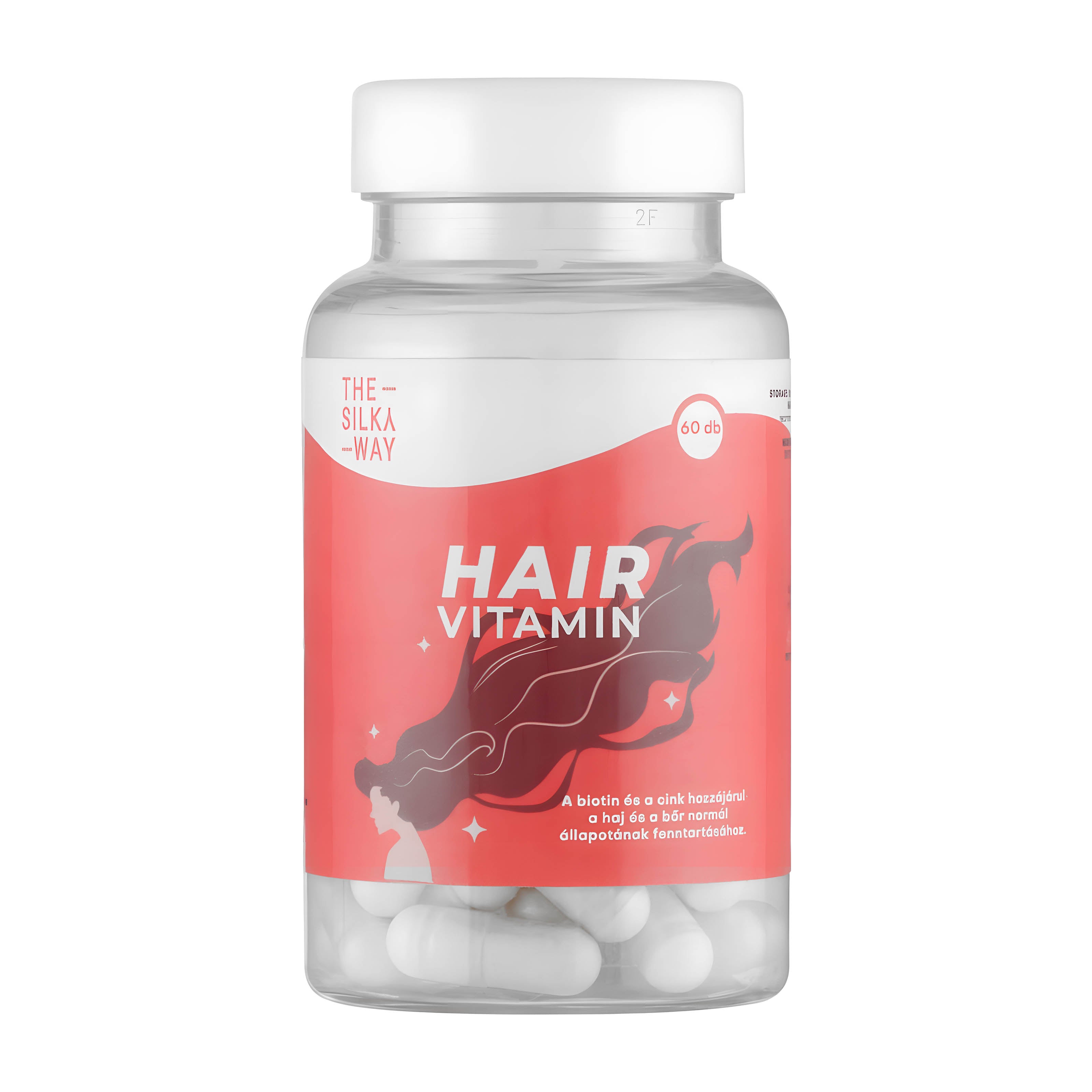 The Silky Way Hair vitamin supplement bottle with red label on a white background