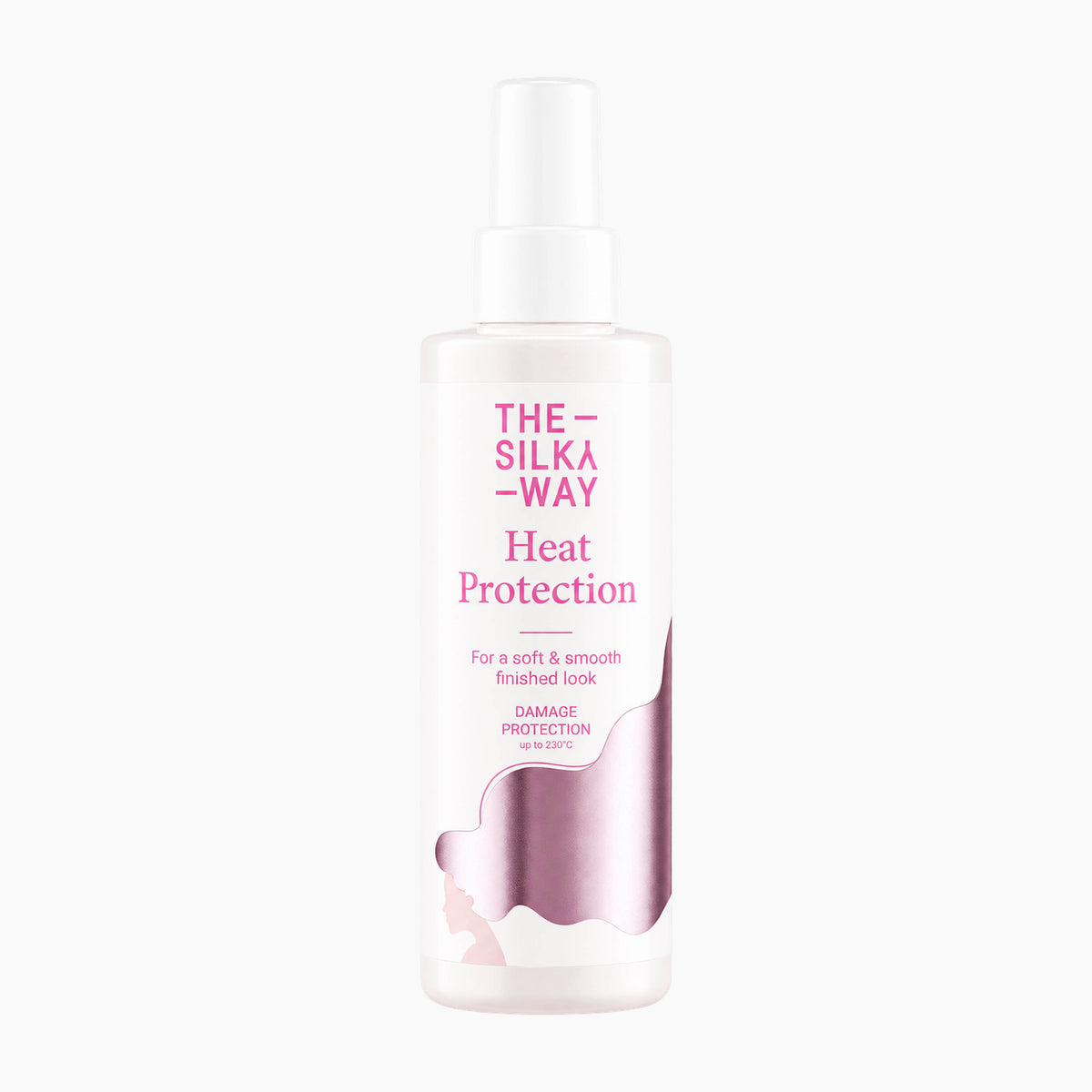 A bottle of The Silky Way Heat Protection Spray on a clean white background. The bottle is frosted white with pink and metallic rose gold text and graphics, and features a white spray nozzle.