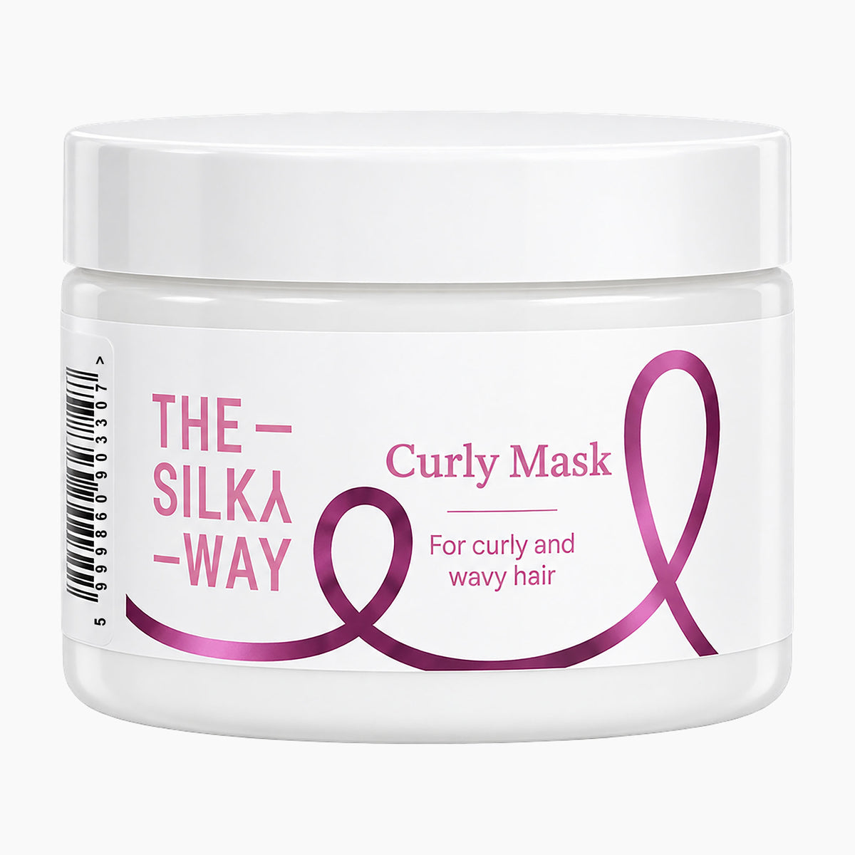 The Silky Way Curly Mask plastic jar on a light gray background.