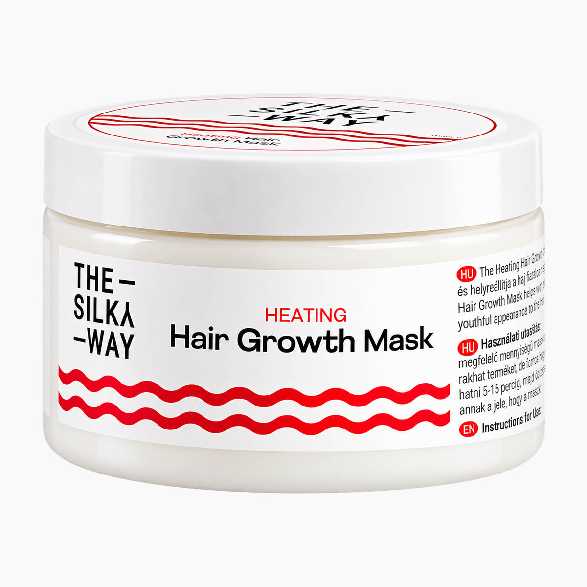 The Silky Way Heating Hair Growth Mask jar on a light gray background.