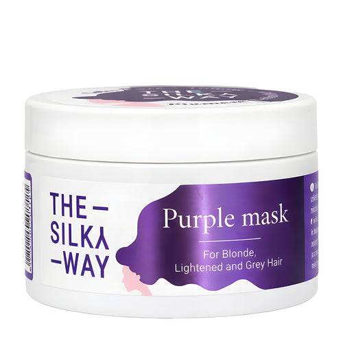 Jar of 'The Silky Way' purple mask for blonde, lightened, and gray hair on a white background