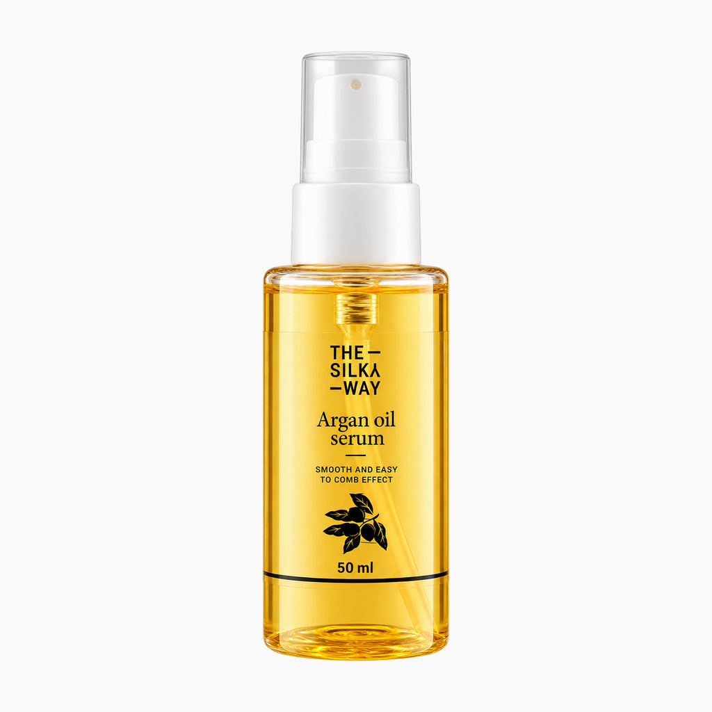 The Silky Way Argan Oil Serum bottle on a light gray background.