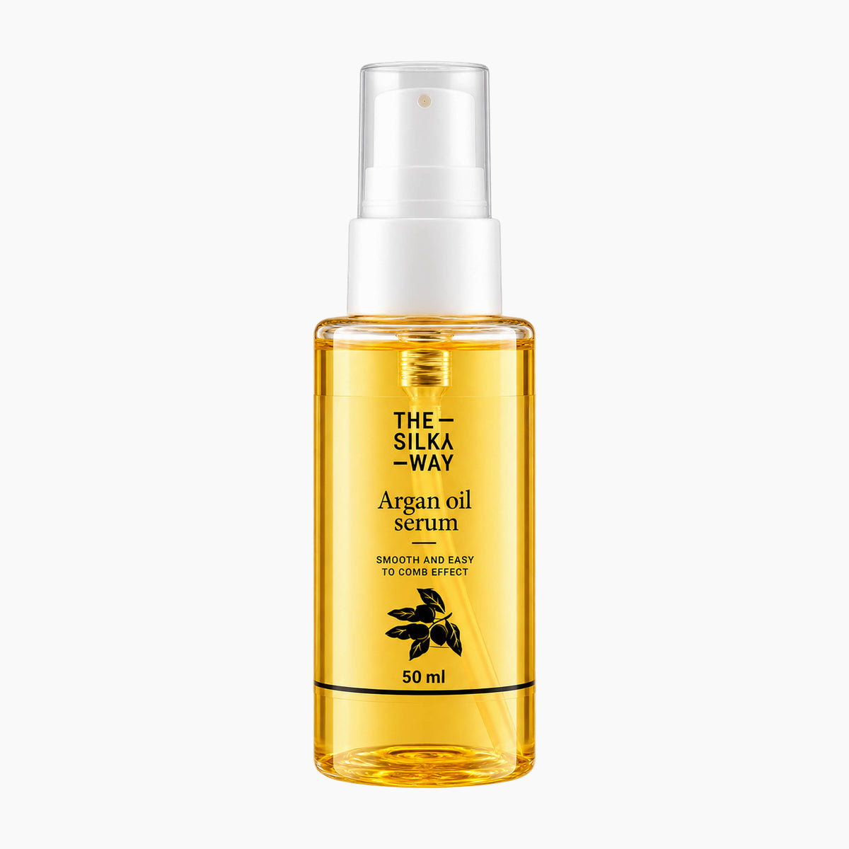 The Silky Way Argan Oil Serum bottle on a light gray background.