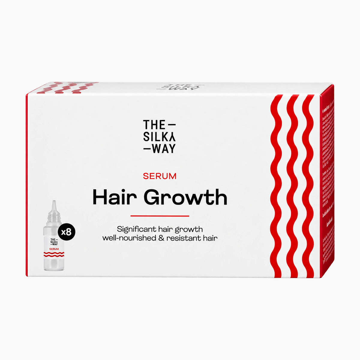 The Silky Way Serum Hair Growth box, featuring a white packaging design with bold red wavy stripes on the right side and black text, set against a light gray background.