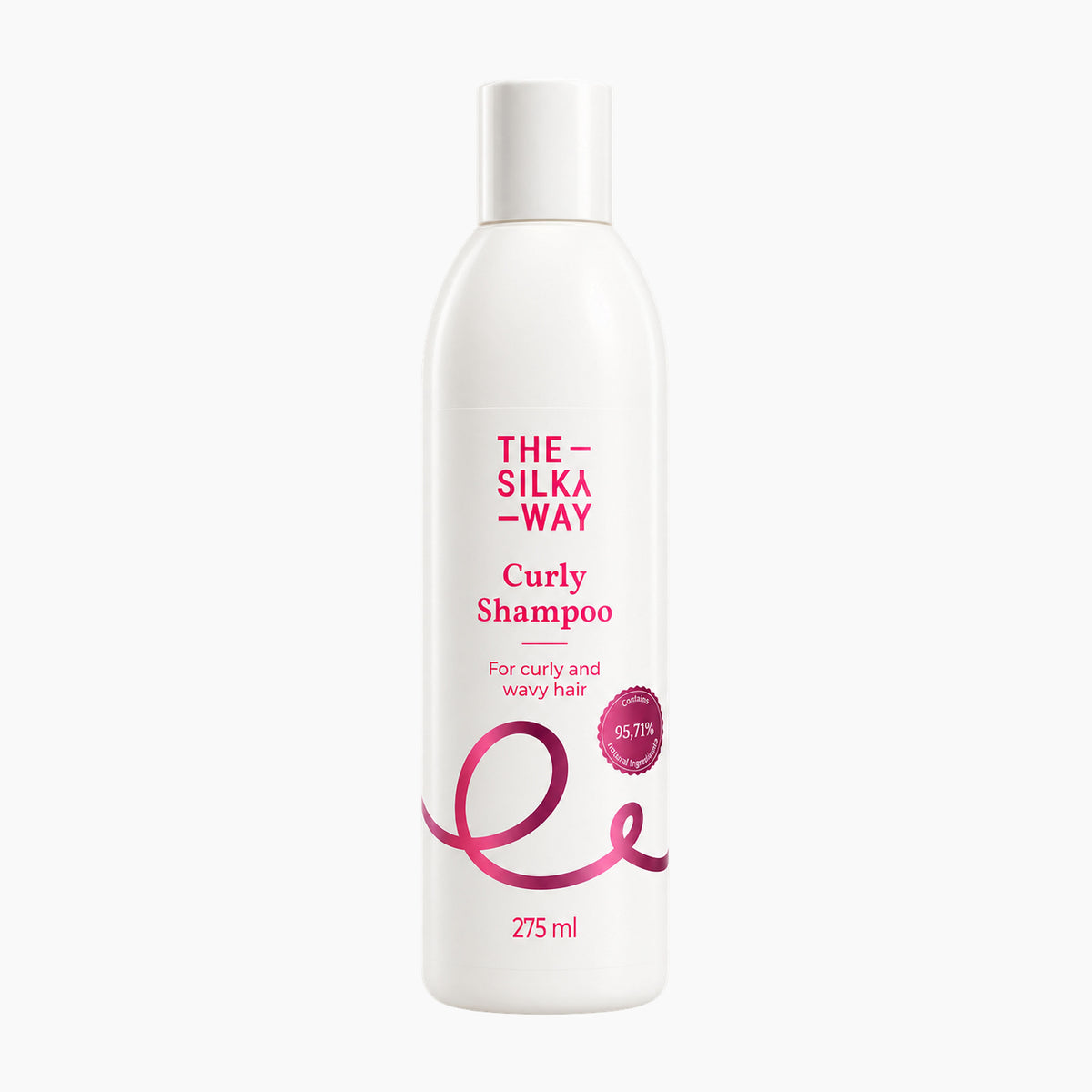 The Silky Way Curly Shampoo bottle on a light gray background.