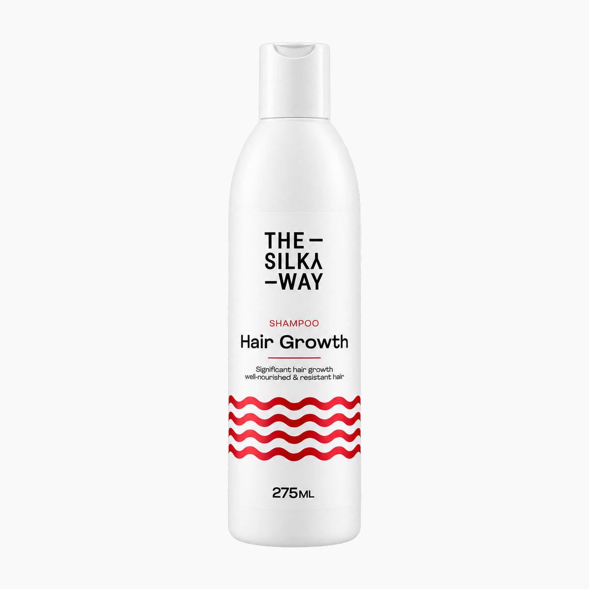 A white bottle of The Silky Way Hair Growth Shampoo with black and red text and a red wavy stripe pattern near the bottom, shown on a light gray background.