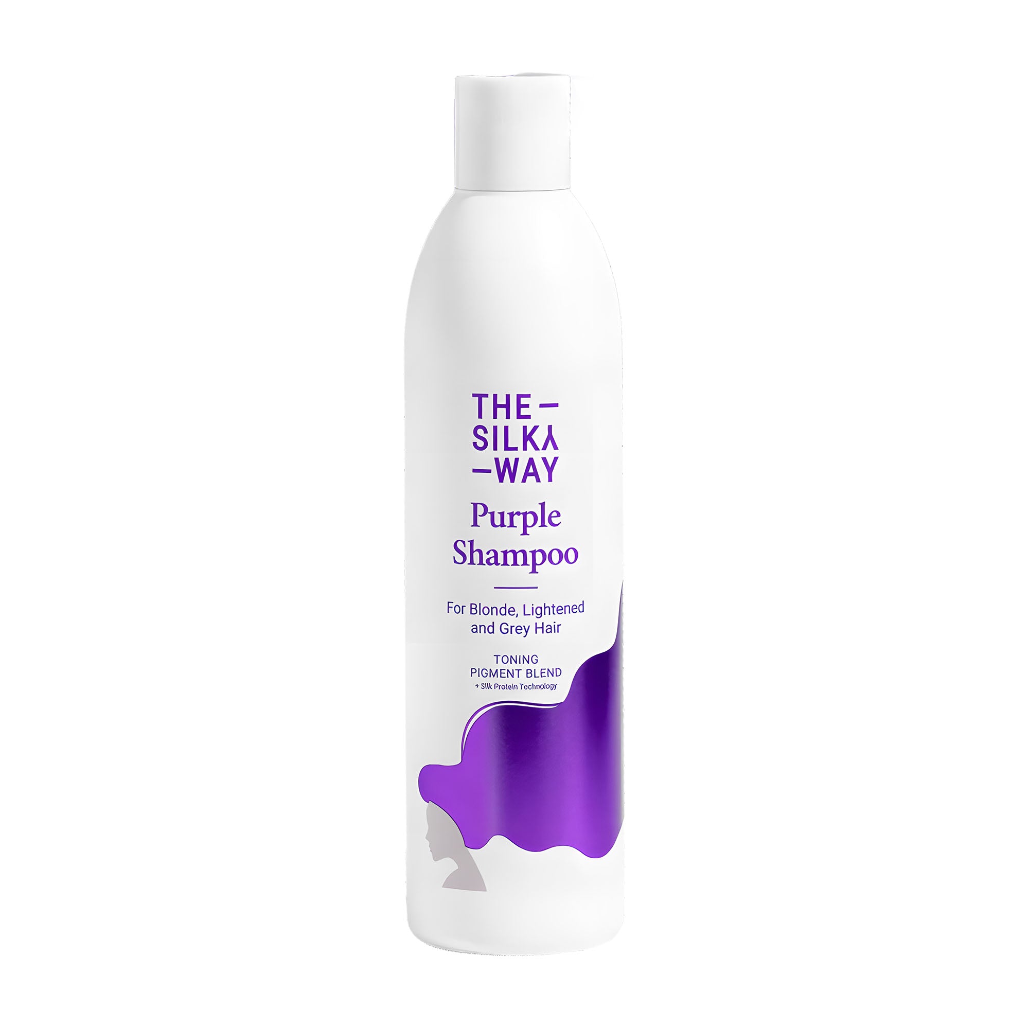 Purple shampoo bottle with 'The Silky Way' branding on a white background