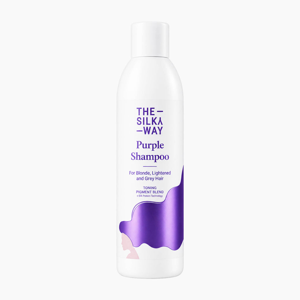 The Silky Way Purple Shampoo bottle on a light gray background.