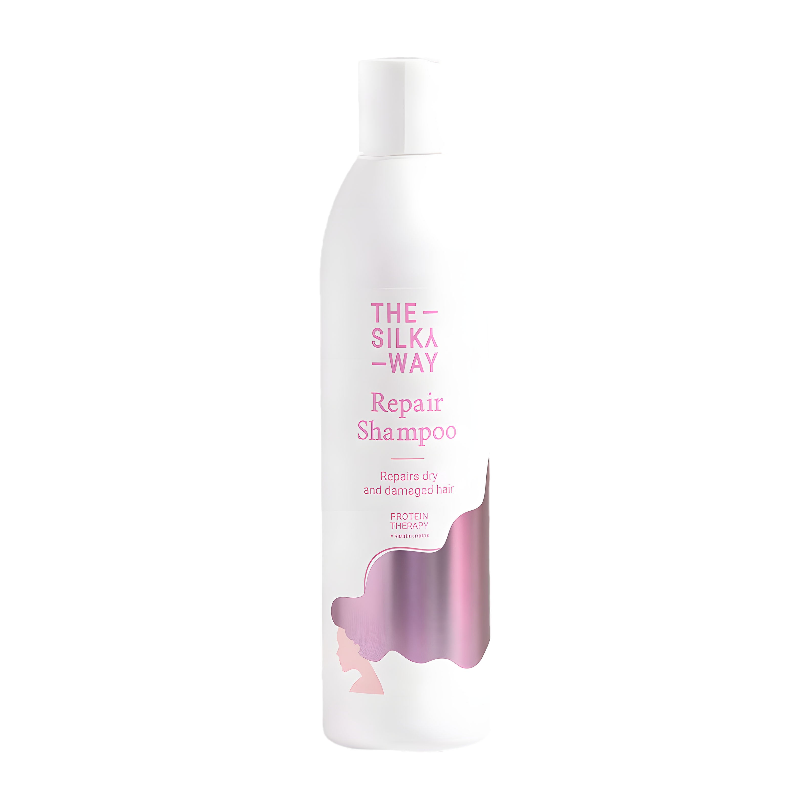 Bottle of TheSilkyWay Repair Shampoo on a white background