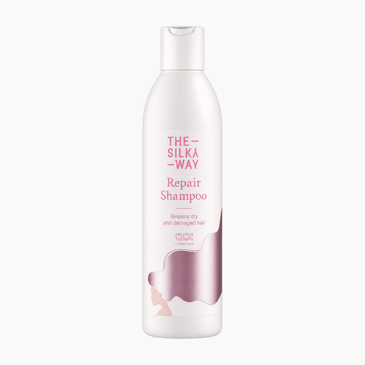 A white bottle of The Silky Way Repair Shampoo with pink text and a pink hair graphic on a light gray background.