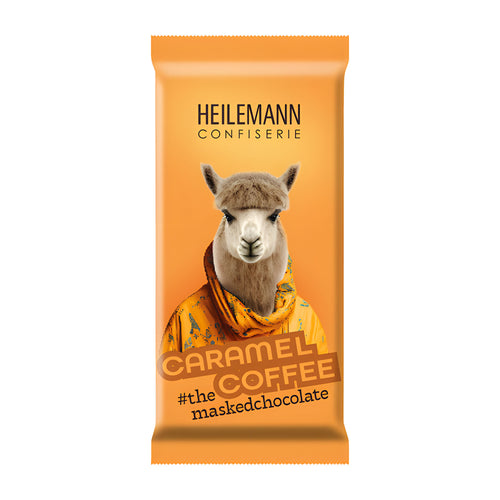 Heilemann Confiserie caramel coffee chocolate bar packaging with a llama illustration on an orange background