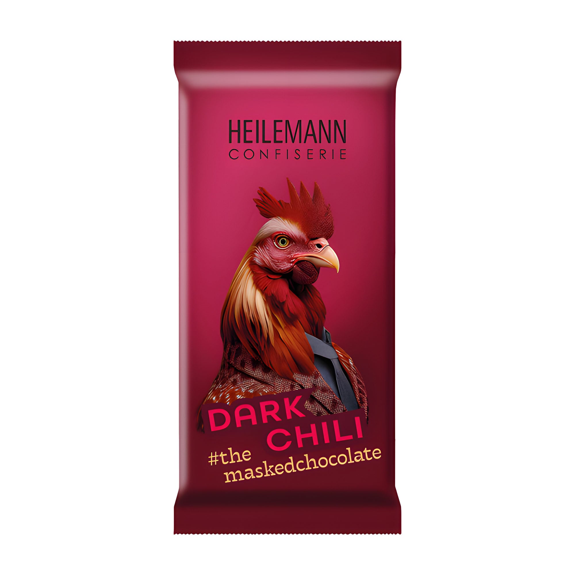 Heilemann Confiserie dark chili chocolate packaging with a rooster illustration on a pink background