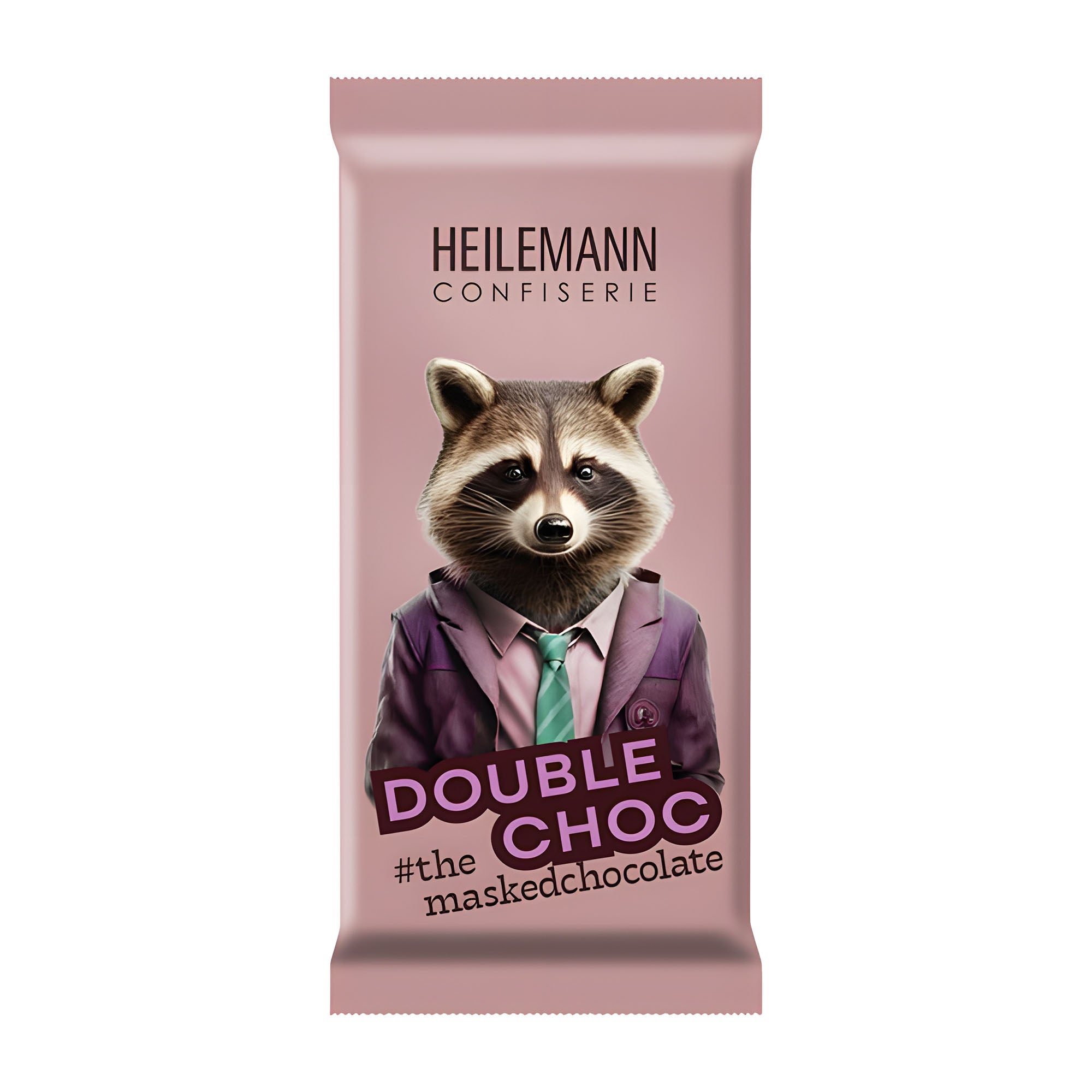 Chocolate bar packaging with a raccoon illustration and Heilemann Confisserie branding on a pink background.