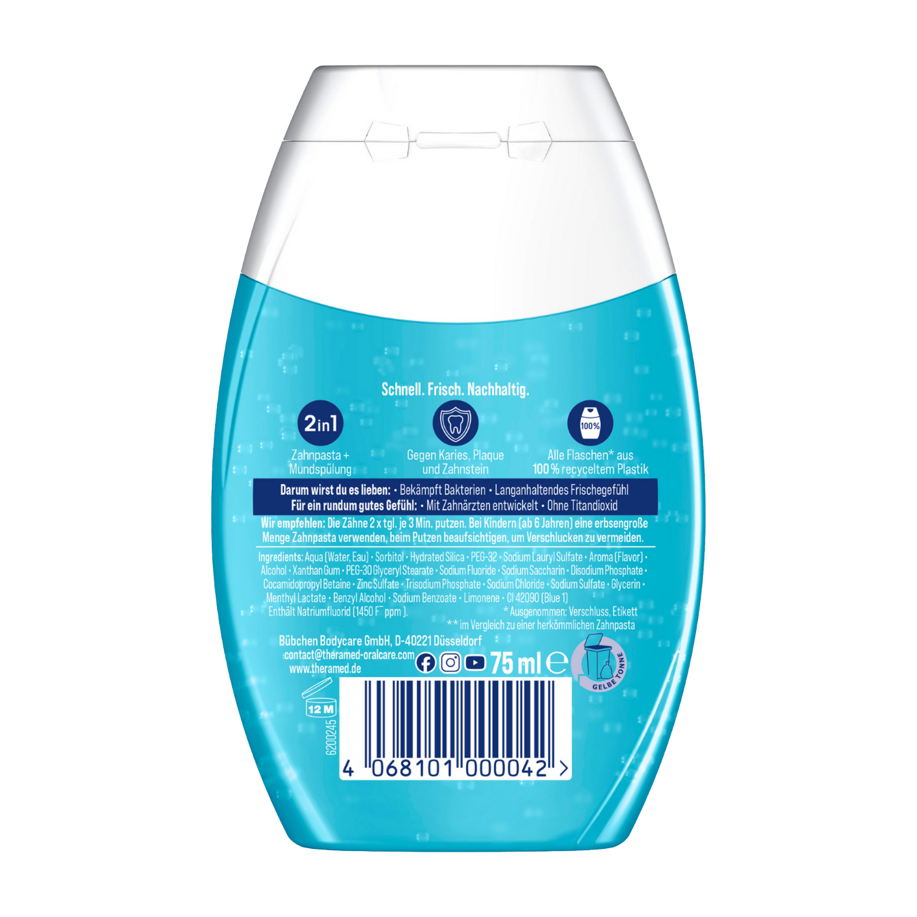 Back view of a Theramed 2in1 Original Fresh Toothpaste Gel bottle with text and branding on a white background