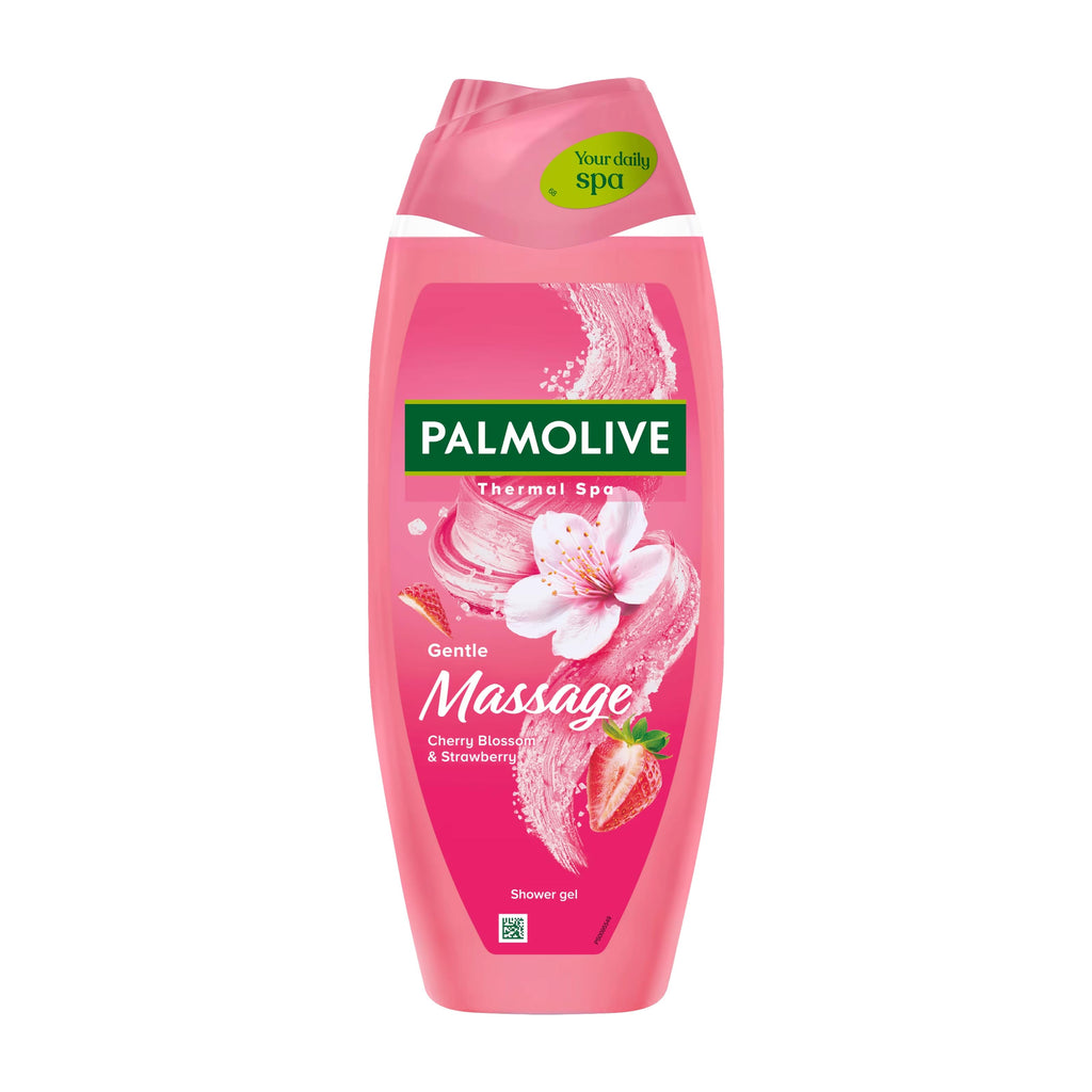 Palmolive Gentle Massage shower gel bottle with cherry blossom and strawberry design on a white background