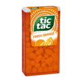 A box of tic tac Fresh Orange dragees, with the product visible through a clear window, featuring orange color tones and the brand's logo.